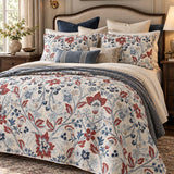 Red Blue Botanical Floral Quilted 3-Piece Bedding Set
