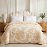 Warm Yellow Vintage Large Floral Quilted Bedspread Cotton Puff Quilt Blanket
