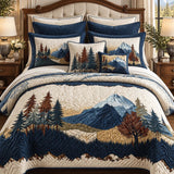 Navy Mountain Pine Tree Landscape Quilted 3-Piece Bedding Set