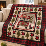 Vintage Christmas Red Truck & Black Cat Plaid Quilted Blanket