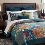 Teal Botanical Pieced Patchwork 100% Cotton Quilted 3-Piece Bedding Set