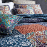 Navy Paisley Pieced Patchwork Reversible 100% Cotton Quilted 3-Piece Bedding Set
