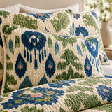 H.PAI Blue Green Ikat Floral Quilted 3-Piece Bedding Set