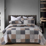 Grey Brown Plaid Patchwork Quilted 3‑Piece Bedding Set