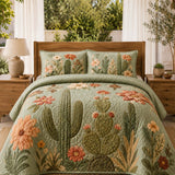 H.PAI Cactus Garden Floral Quilted 3-Piece Bedding Set – Vintage Desert Style Quilted Bedding with Matching Pillow Shams