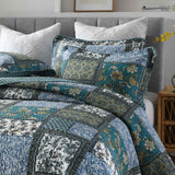 Teal Blue Floral Block Patchwork Quilted 3‑Piece Bedding Set