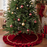 Burgundy Velvet Ruffled Christmas Tree Skirt with Gold Trim