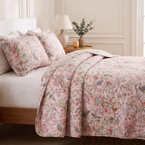 Soft Pink Country Botanical Floral Print Quilted 3‑Piece Bedding Set