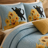 H.PAI Black Cat Sunflower Garden Quilted 3-Piece Bedding Set