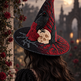 Crimson Raven Skull Rose Gothic Handcrafted Quilted Witch Hat