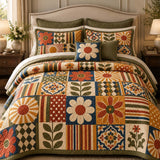Retro Floral Geometric Patchwork Quilted 3-Piece Bedding Set