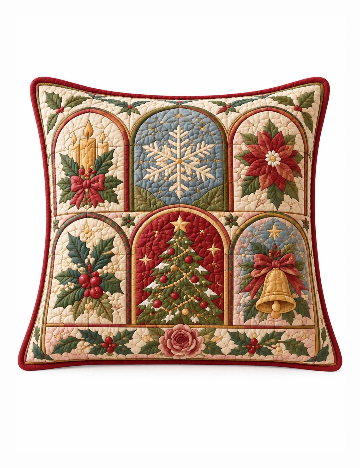 Traditional Christmas Motif & Plaid Quilted Pillow Covers 2-Piece Set