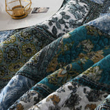 Teal Blue Floral Block Patchwork Quilted 3‑Piece Bedding Set