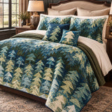 Rustic Pine Forest Blue Green Patchwork Quilted 3-Piece Bedding Set