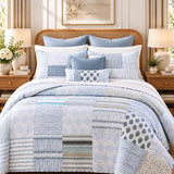 Blue & Ivory Geometric Patchwork Quilted 3-Piece Bedding Set