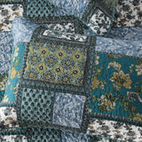 Teal Blue Floral Block Patchwork Quilted 3‑Piece Bedding Set
