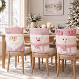 Pink Christmas Chair Back Covers, Reindeer Santa Snowman Xmas Dining Chair Slipcovers