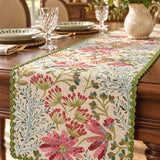 Vintage Floral Botanical Faux Linen Jacquard Scalloped Edge Table Runner