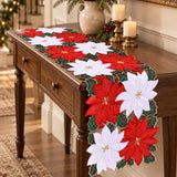 Christmas Poinsettia Holly Leaf Cutout Table Runner