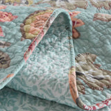 Teal Blue Vintage Garden Harvest Floral Patchwork Quilted 3‑Piece Bedding Set