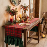 Christmas Red Plaid Linen Table Runner With Green Ruffle Edge