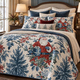 Vintage Blue Santa Christmas Quilted 3-Piece Bedding Set