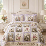 H.PAI Vintage Rose Cat Garden Quilted 3-Piece Bedding Set