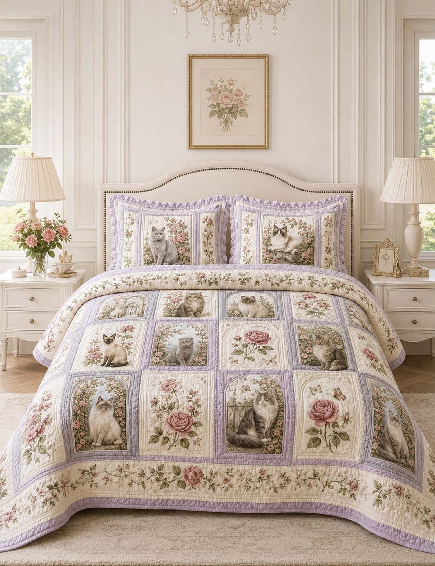 H.PAI Vintage Rose Cat Garden Quilted 3-Piece Bedding Set