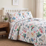 Vintage Bird Floral Garden Print Quilted 3‑Piece Bedding Set