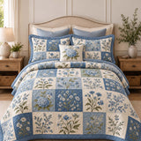 Blue Hydrangea Botanical Patchwork Quilted 3-Piece Bedding Set
