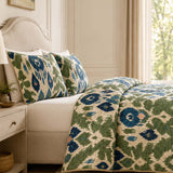 H.PAI Blue Green Ikat Floral Quilted 3-Piece Bedding Set