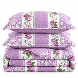Vintage Purple Rose Stripe Quilted 3-Piece Bedding Set