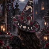 Moonlit Raven Rose Quilted Witch Hat – Gothic Celestial Halloween Hat