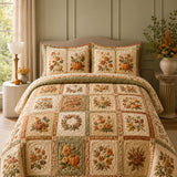 H.PAI Pumpkin Harvest Quilted 3-Piece Bedding Set – Vintage Farmhouse Quilted Bedding With Matching Pillow Shams