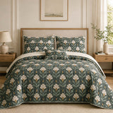 H.PAI Forest Ivory Floral Quilted 3-Piece Bedding Set
