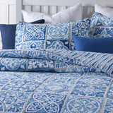 Coastal Boho Blue Portuguese Tile Print Quilted 3‑Piece Bedding Set
