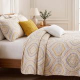 Yellow Grey Geometric Ogee Pattern Quilted 3‑Piece Bedding Set