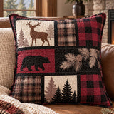 Burgundy Bear & Deer Plaid Woodland Quilted Pillow Cover