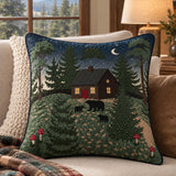 Moonlit Bear Cabin Forest Quilted Pillow Cover