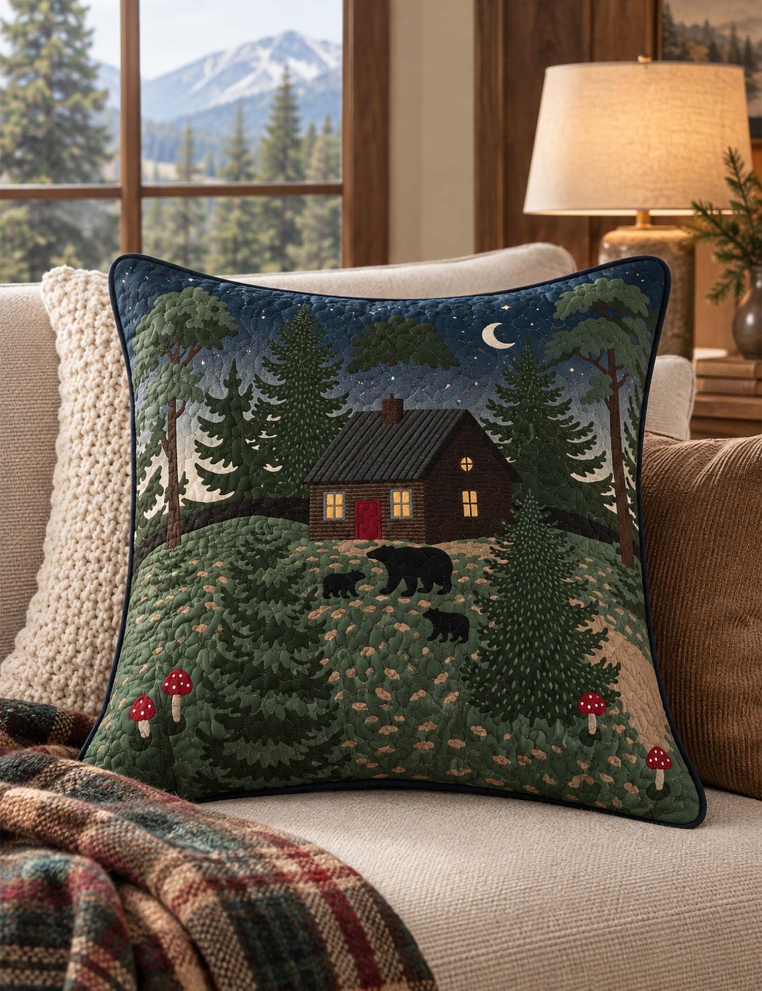 Moonlit Bear Cabin Forest Quilted Pillow Cover