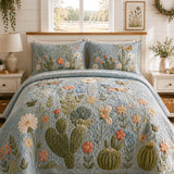 H.PAI Southwestern Cactus Landscape Quilted 3-Piece Bedding Set – Rustic Western Quilted Bedding with Matching Pillow Shams