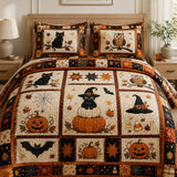 H.PAI Black Cat Halloween Pumpkin Quilted 3-Piece Bedding Set