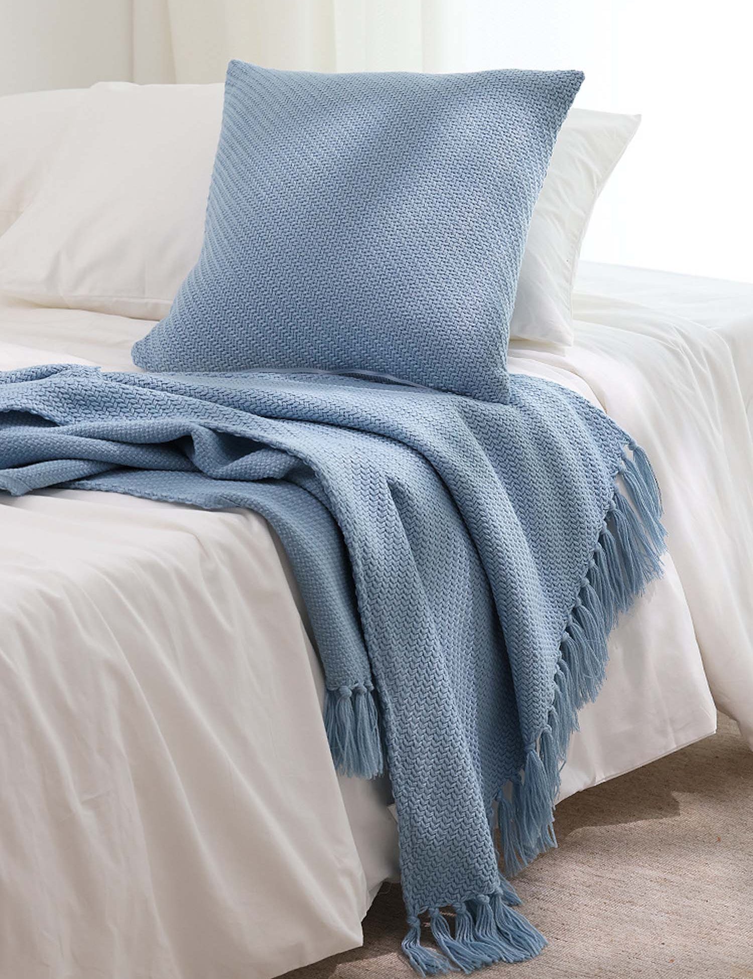 Textured Fringe Knitted Throw Blanket & Pillow Cover Set