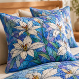 H.PAI White Lily Quilted 3-Piece Bedding Set – Stained Glass Botanical Quilted Bedding With Matching Pillow Shams