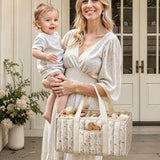 Quilted Floral Baby Diaper Caddy Organizer - Portable Nursery Storage Basket & Handheld Tote Bag for Baby Essentials