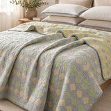 Vintage Green Yellow Geometric Patchwork Jacquard Quilted Throw Three‑Layer Gauze Cotton Blanket
