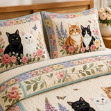 H.PAI Garden Cat Gathering 3-Piece Quilted Bedding Set