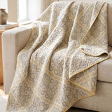 Vintage Beige Floral Jacquard Quilted Throw Three‑Layer Gauze Cotton Blanket