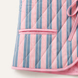 Pink Blue Stripe - Reversible Vintage Patchwork Quilted Vest Tie-Front Waistcoat