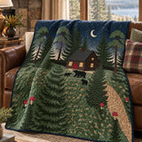 Moonlit Bear Cabin Forest Quilted Blanket